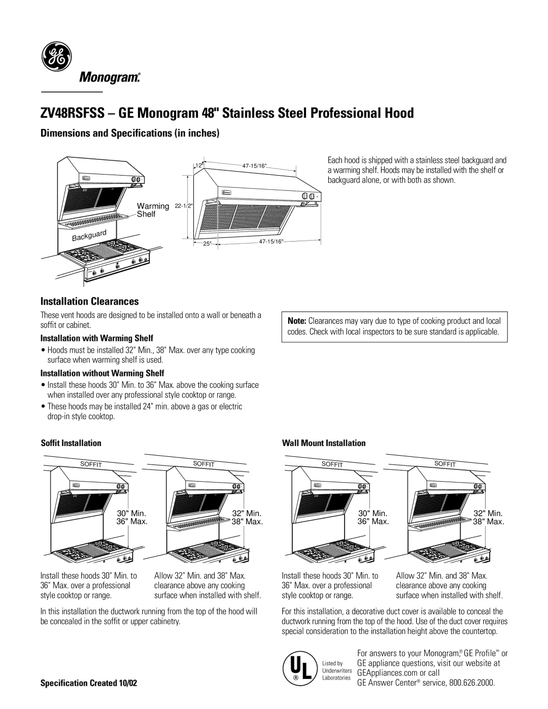 GE Monogram ZV48RSFSS dimensions Dimensions and Specifications in inches, Installation Clearances 