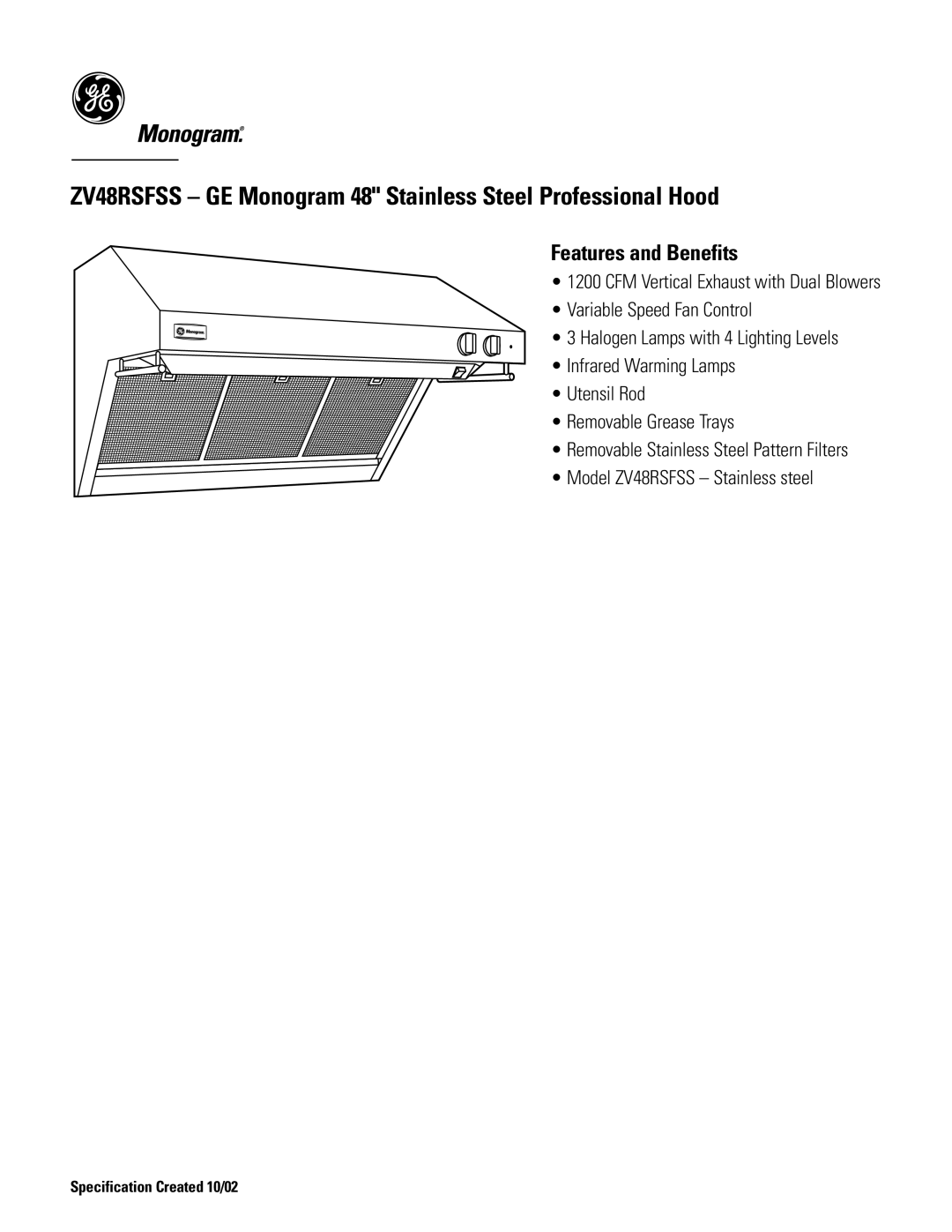 GE Monogram ZV48RSFSS dimensions Features and Benefits 