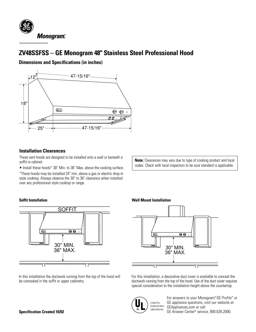 GE Monogram ZV48SSFSS dimensions Dimensions and Specifications in inches, Installation Clearances 