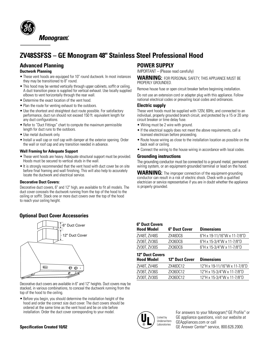 GE Monogram ZV48SSFSS dimensions Advanced Planning, Optional Duct Cover Accessories 