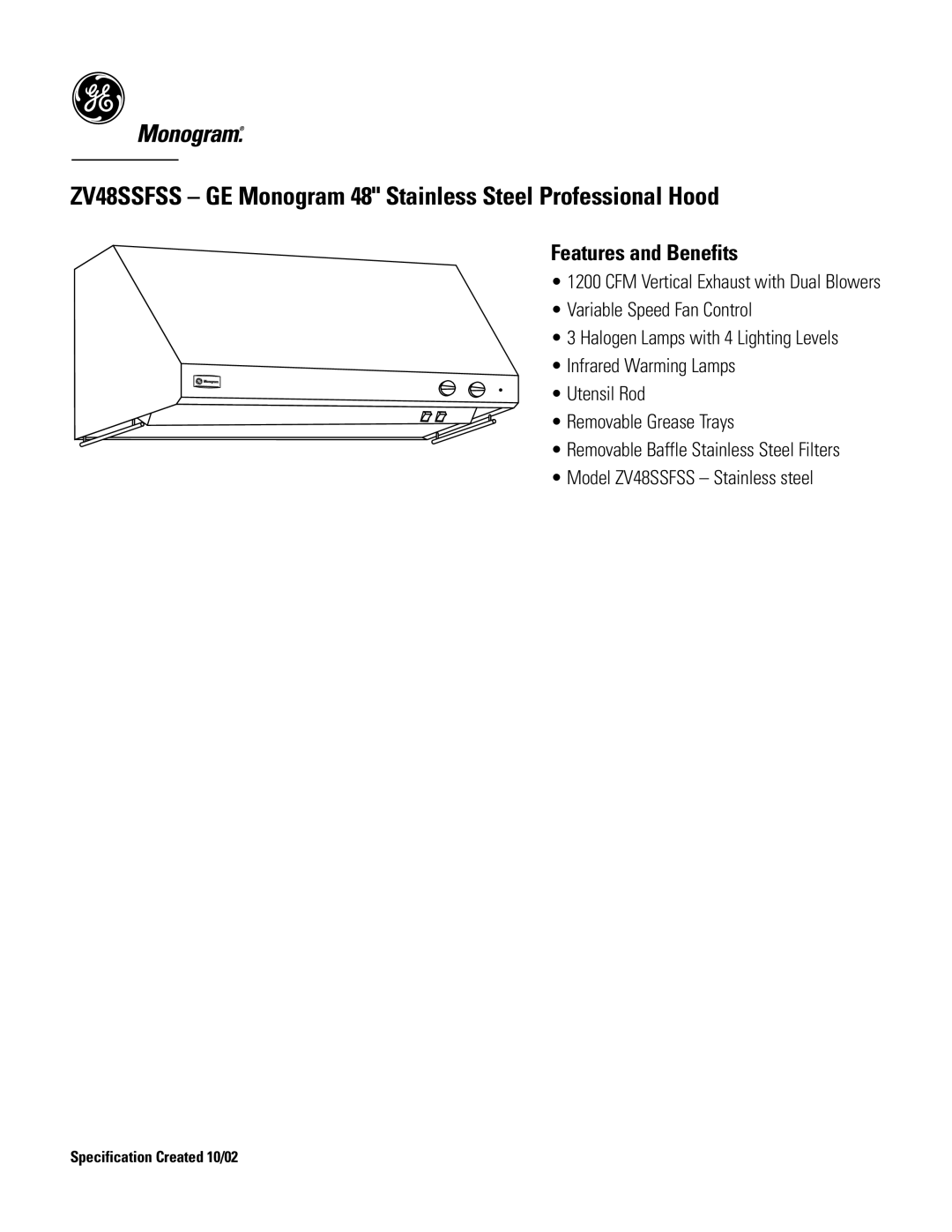 GE Monogram ZV48SSFSS dimensions Features and Benefits 