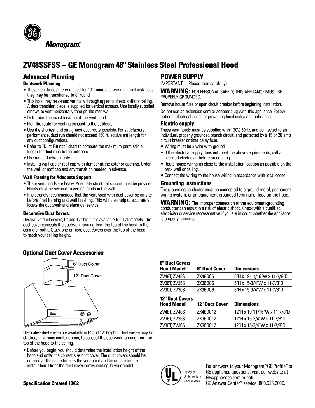 GE Monogram Optional Duct Cover Accessories, ZV48SSFSS - GE Monogram 48 Stainless Steel Professional Hood, Power Supply 