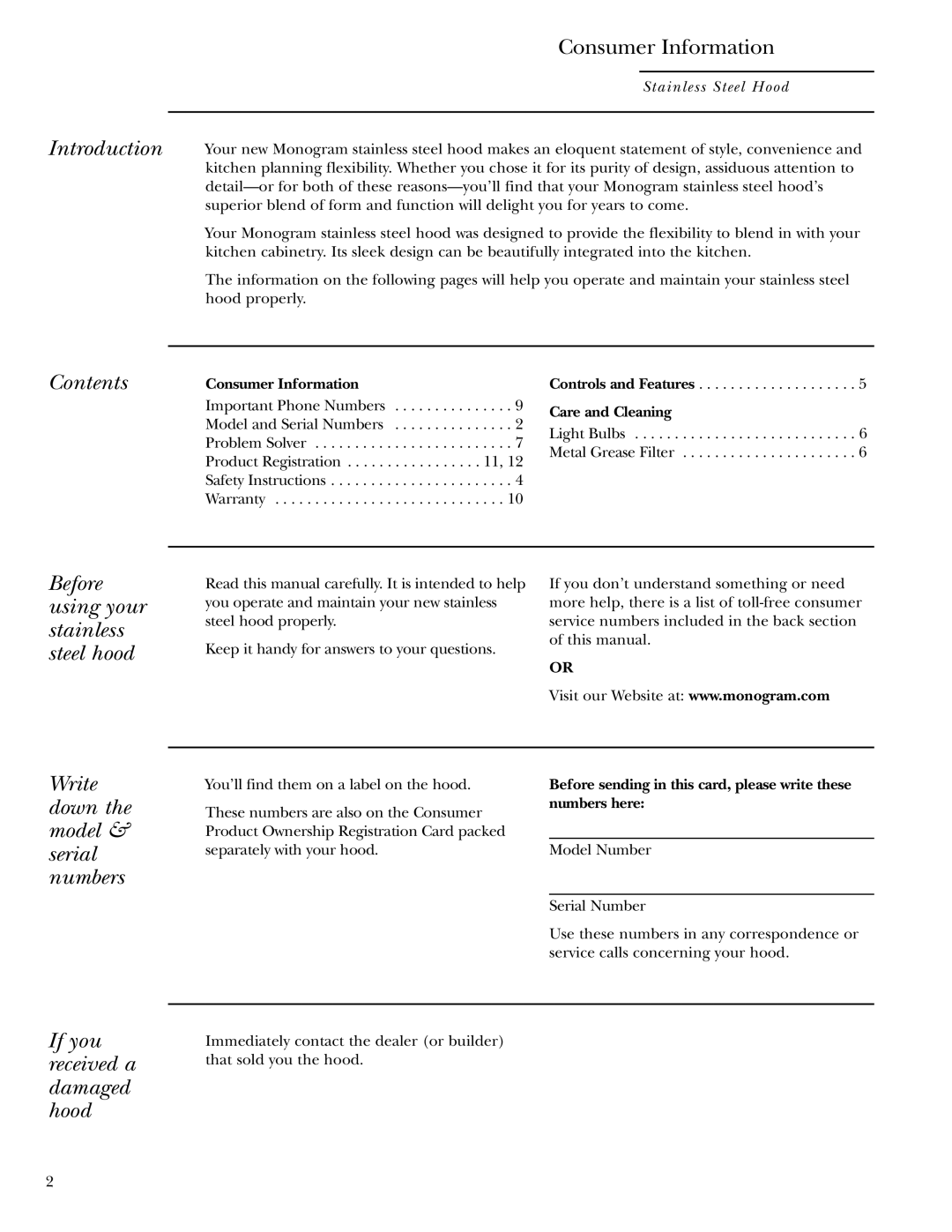 GE Monogram ZV750 Introduction, Contents, Before using your stainless steel hood, Write down the model & serial numbers 