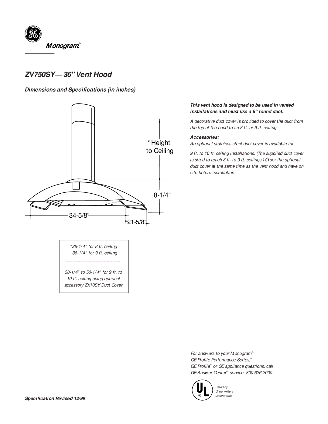 GE Monogram dimensions ZV750SY-36 Vent Hood, Monogram, Dimensions and Specifications in inches, 21-5/8 