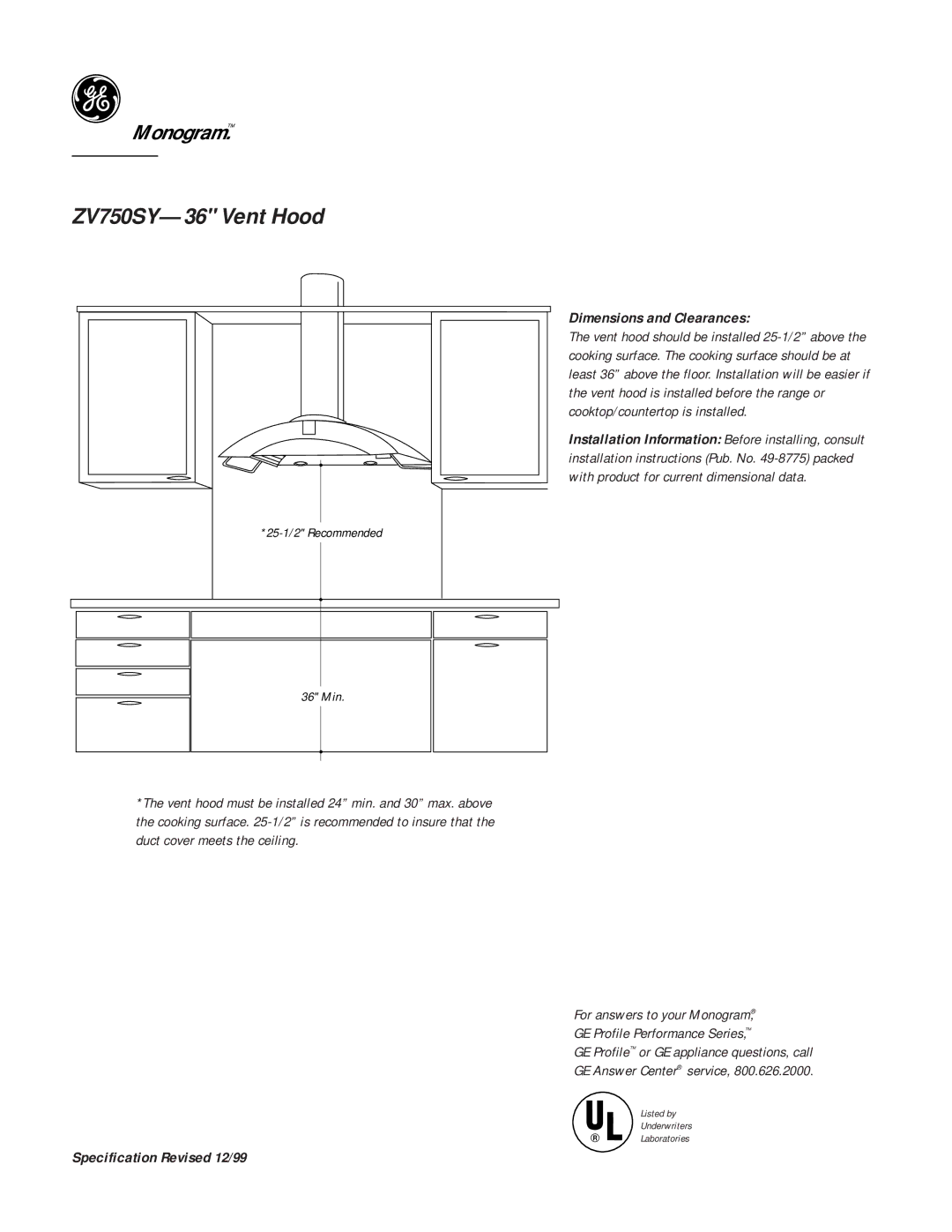 GE Monogram ZV750SY dimensions Dimensions and Clearances 