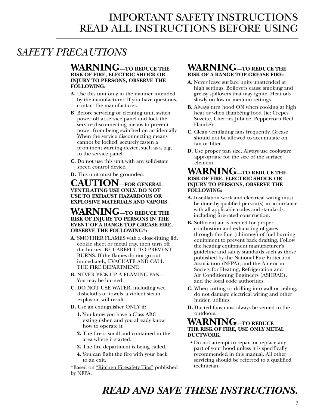 GE Monogram ZV800 owner manual Read and Save These Instructions 