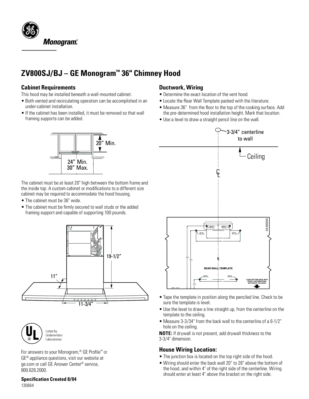 GE Monogram ZV800SJ Cabinet Requirements, Ductwork, Wiring, House Wiring Location, centerline to wall, 19-1/2 11-3/4 