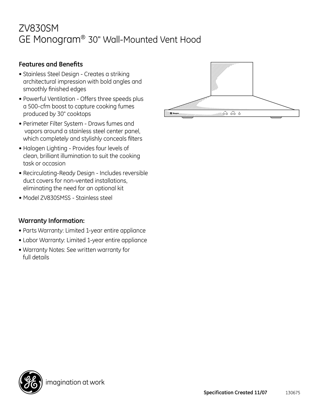 GE Monogram ZV830SM dimensions Features and Benefits, Warranty Information 