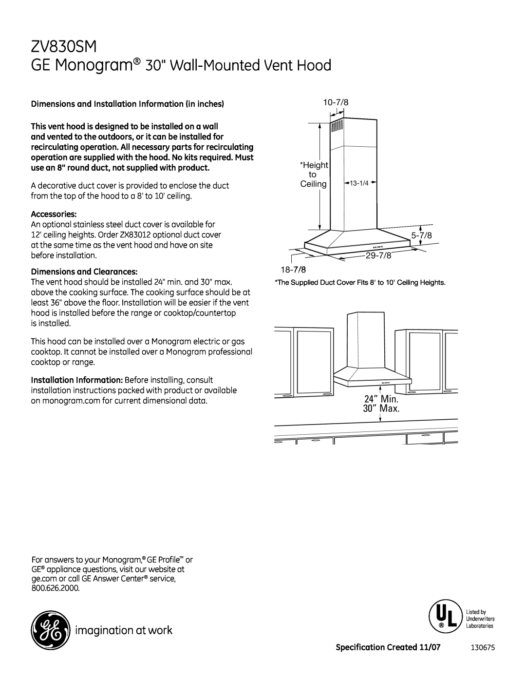 GE Monogram ZV830SM dimensions GE Monogram 30 Wall-Mounted Vent Hood, Dimensions and Installation Information in inches 