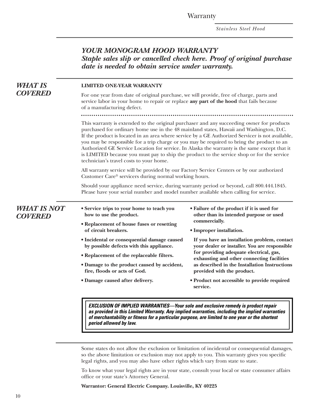 GE Monogram ZV850 owner manual What is Covered 