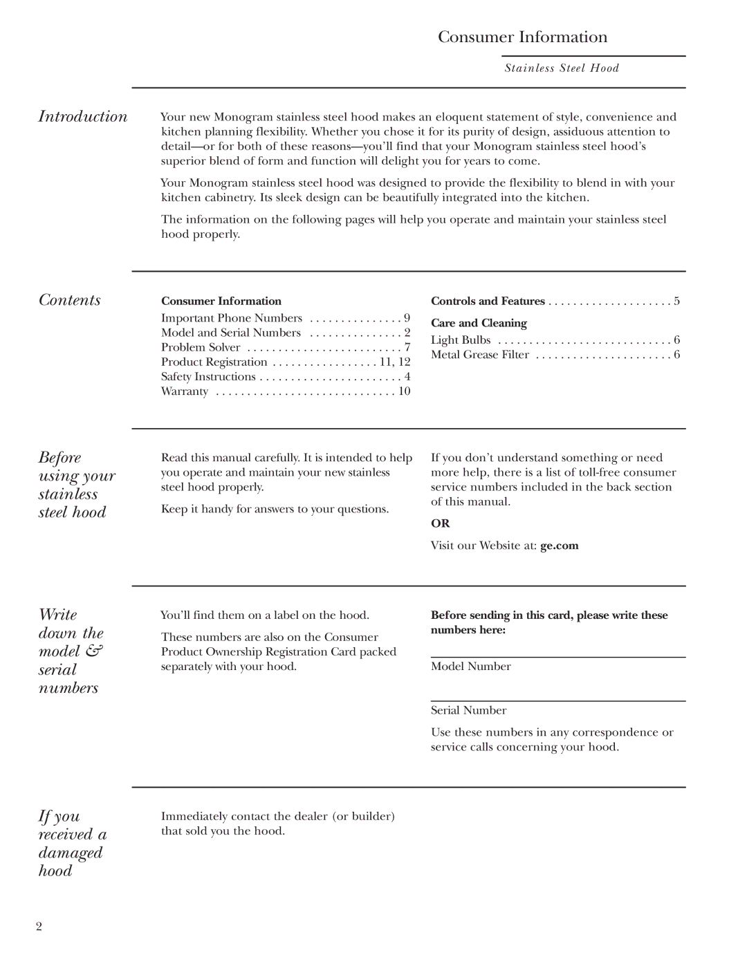 GE Monogram ZV850 Introduction, Contents, Before using your stainless steel hood, Write down the model & serial numbers 