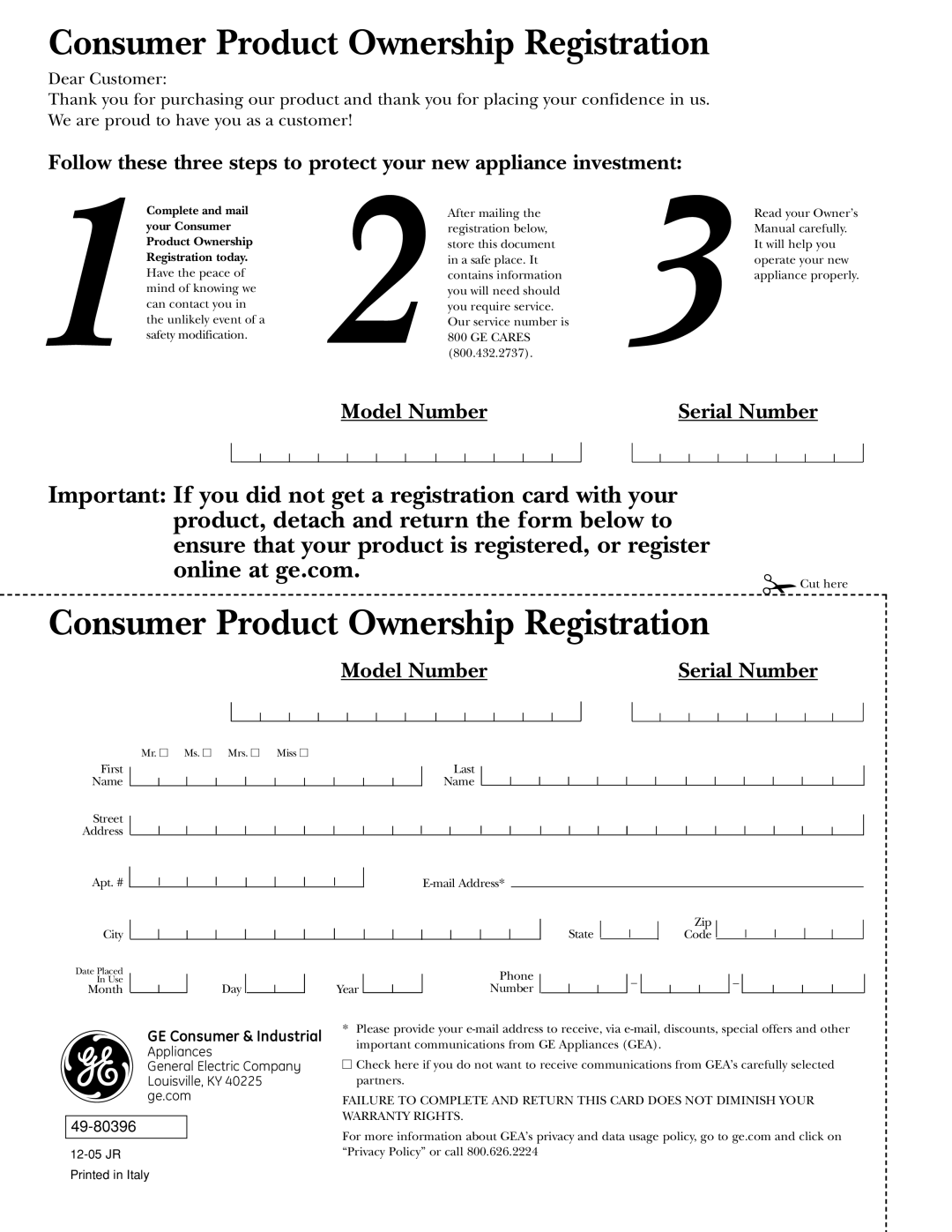 GE Monogram ZV850 Model Number, Serial Number, Consumer Product Ownership Registration, GE Consumer & Industrial, 49-80396 