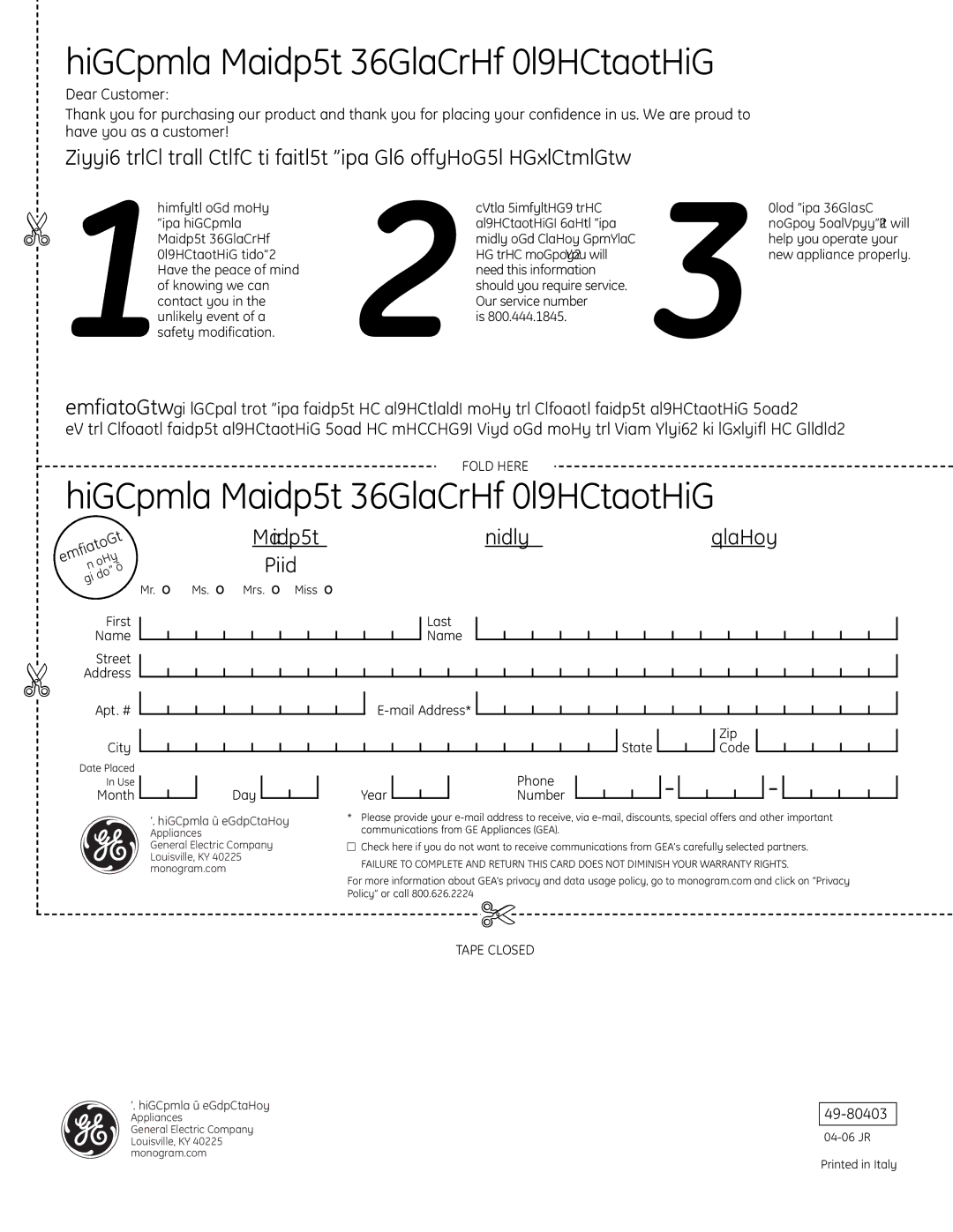 GE Monogram ZV900, ZV925 owner manual Consumer Product Ownership Registration 