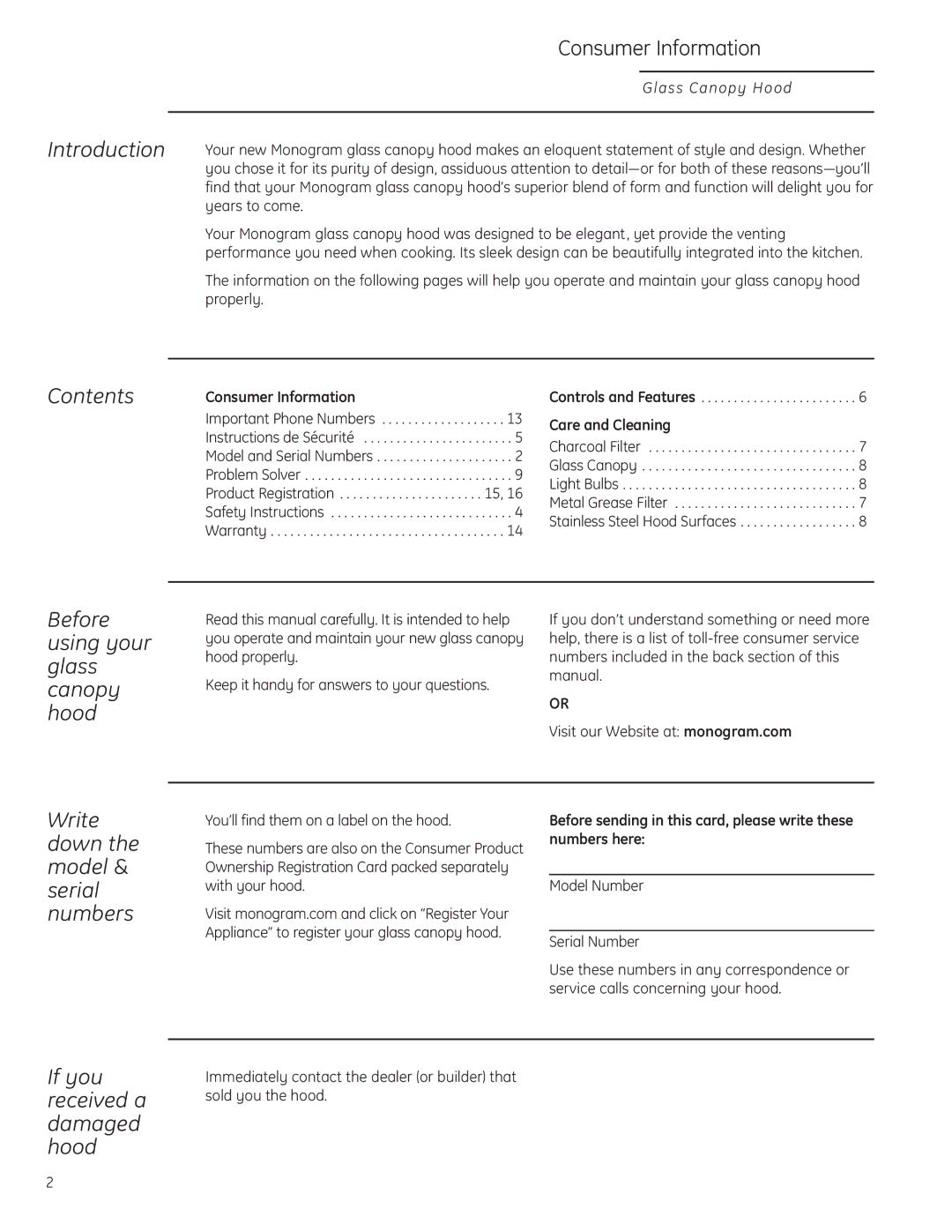 GE Monogram ZV900, ZV925 owner manual Consumer Information, Introduction, Contents, Before using your glass canopy hood 