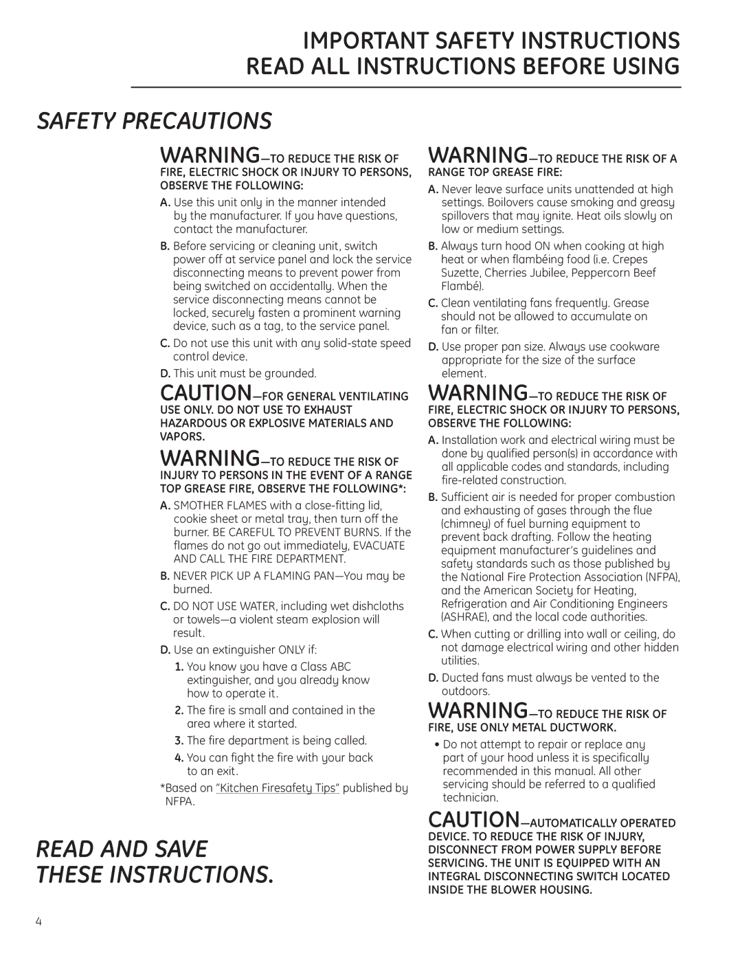 GE Monogram ZV900, ZV925 owner manual Safety Precautions 