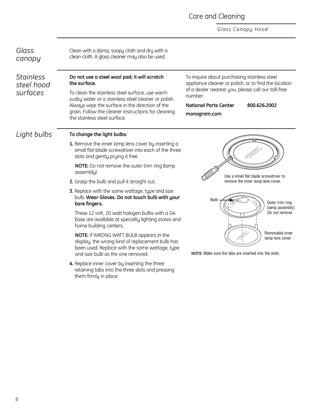 GE Monogram ZV900, ZV925 owner manual Glass canopy, Light bulbs 