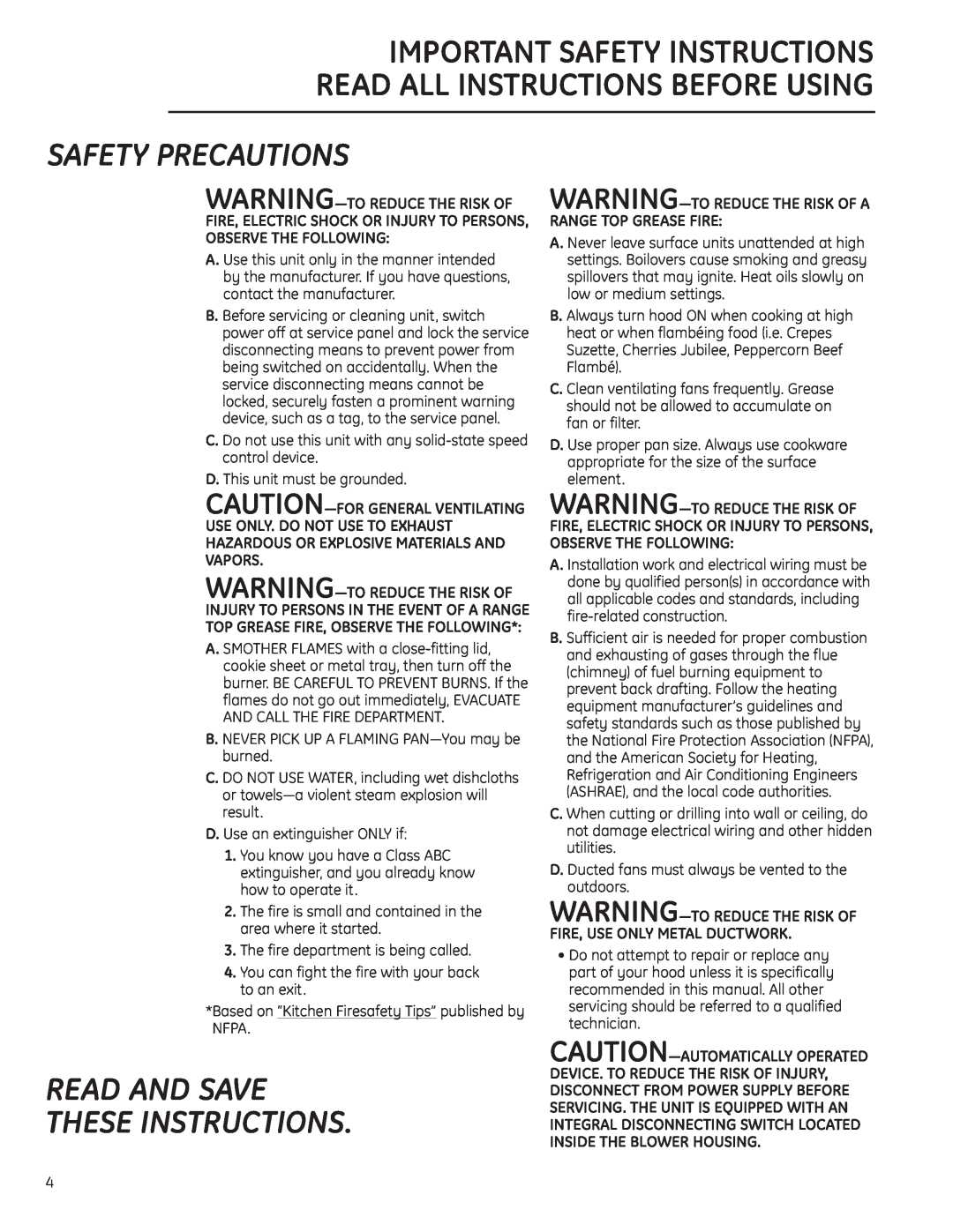 GE Monogram ZV900, ZV925 owner manual Safety Precautions, Read And Save These Instructions, Important Safety Instructions 