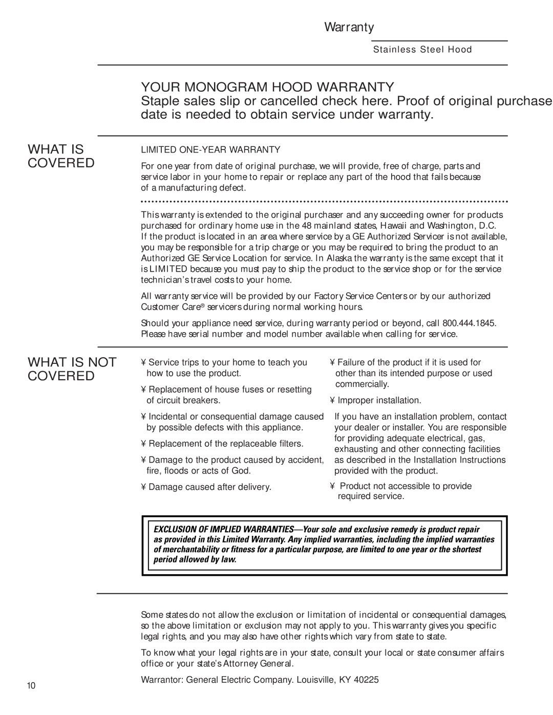 GE Monogram ZV950, ZV1050 owner manual What is Covered 