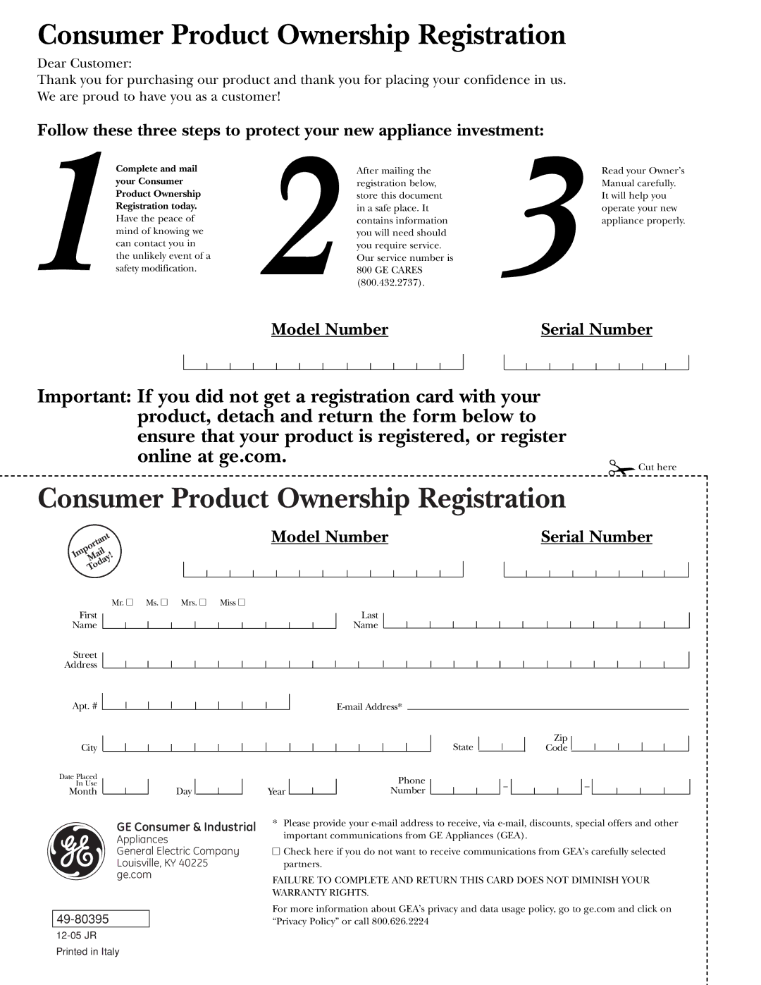 GE Monogram ZV950, ZV1050 owner manual Consumer Product Ownership Registration 