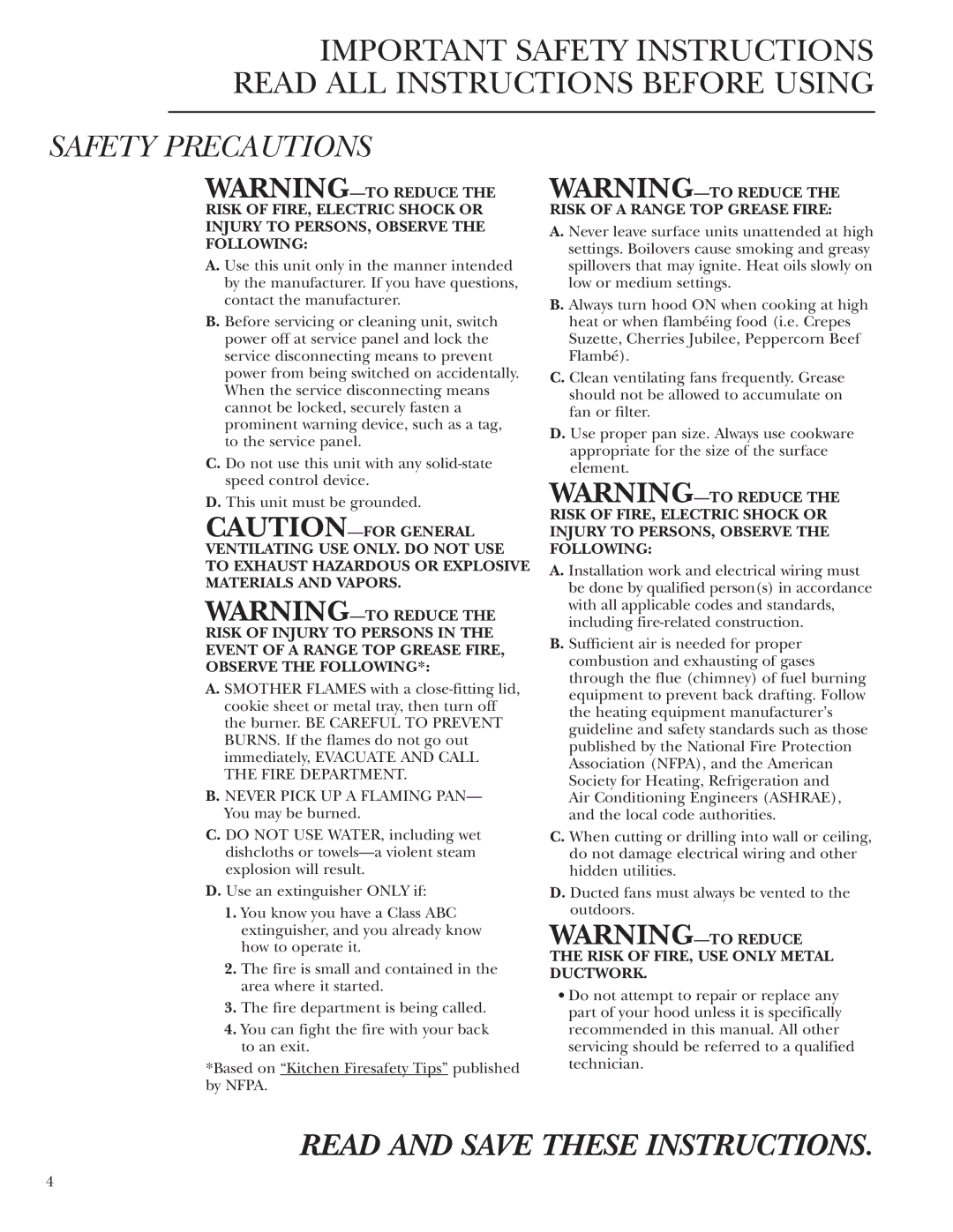 GE Monogram ZV950, ZV1050 owner manual Read and Save These Instructions 