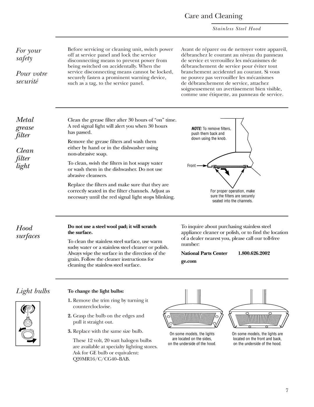 GE Monogram ZV1050 For your safety Pour votre securité, Metal grease filter Clean filter light, Hood surfaces, Light bulbs 