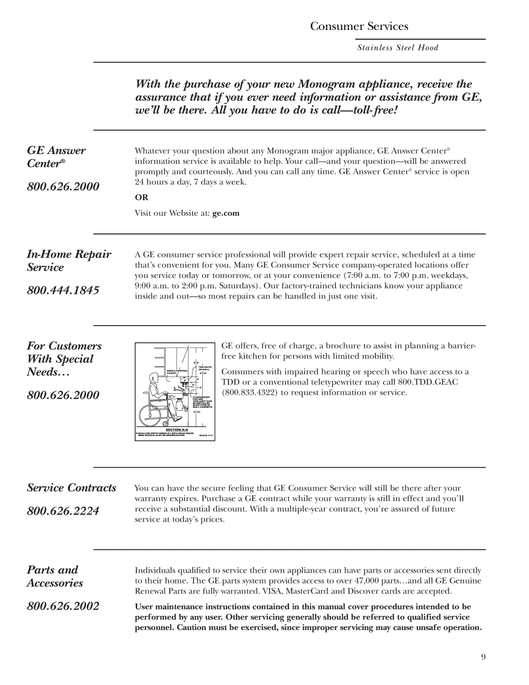 GE Monogram ZV1050, ZV950 owner manual In-Home Repair Service 800.444.1845 