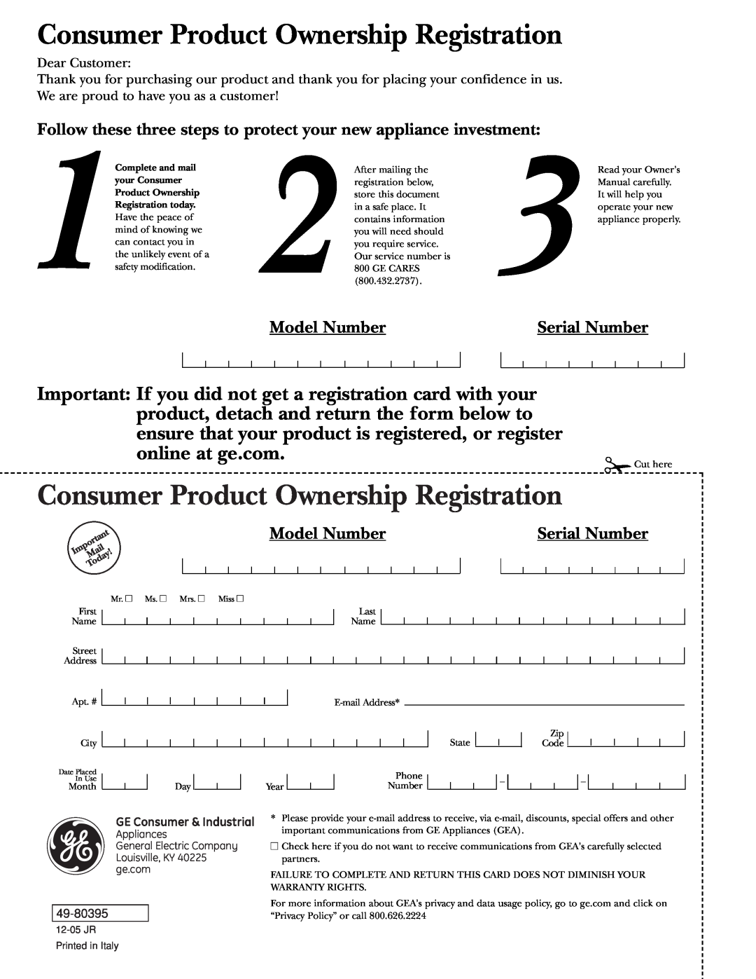 GE Monogram ZV950 Model Number, Serial Number, Consumer Product Ownership Registration, 49-80395, GE Consumer & Industrial 