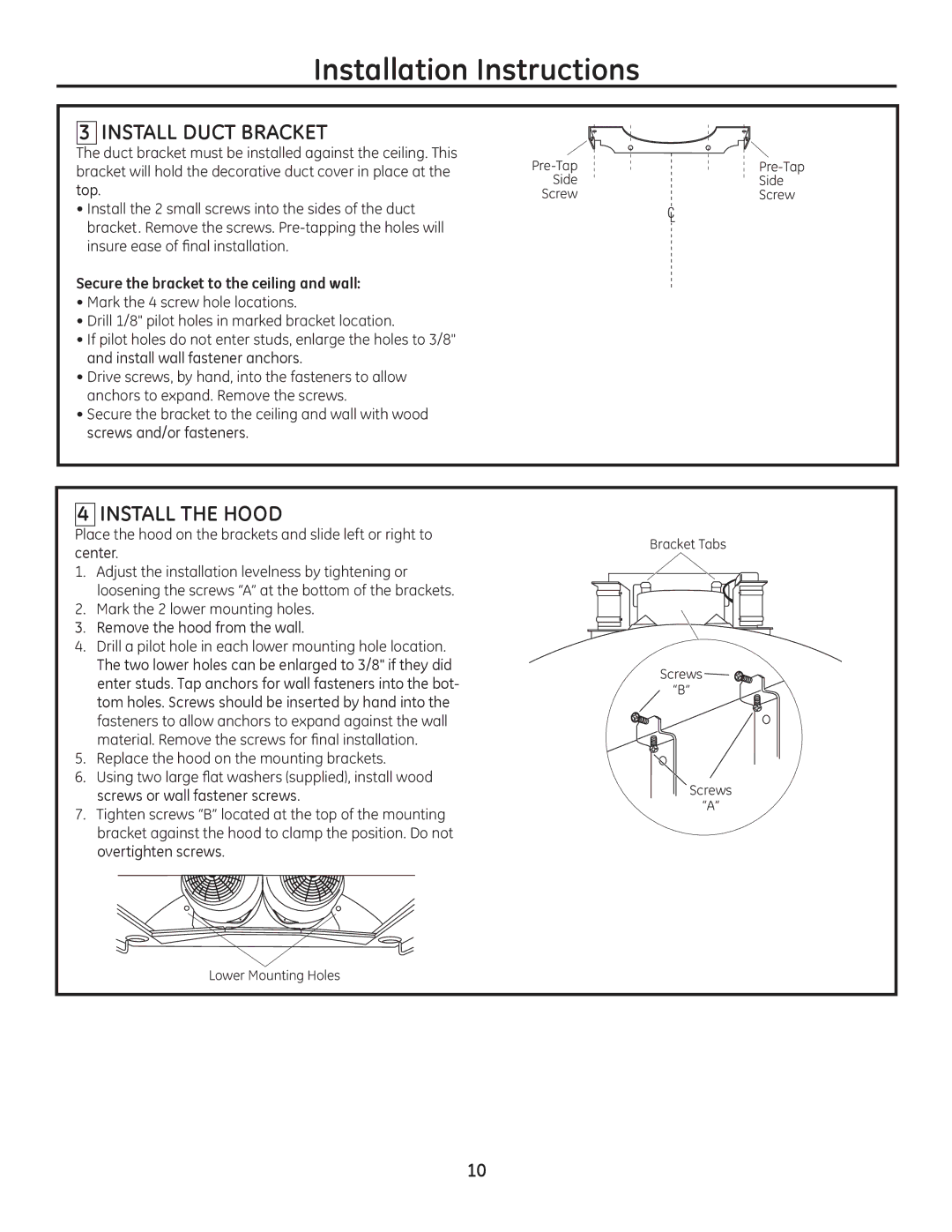 GE Monogram ZV950 Install Duct Bracket, Install the Hood, Secure the bracket to the ceiling and wall 