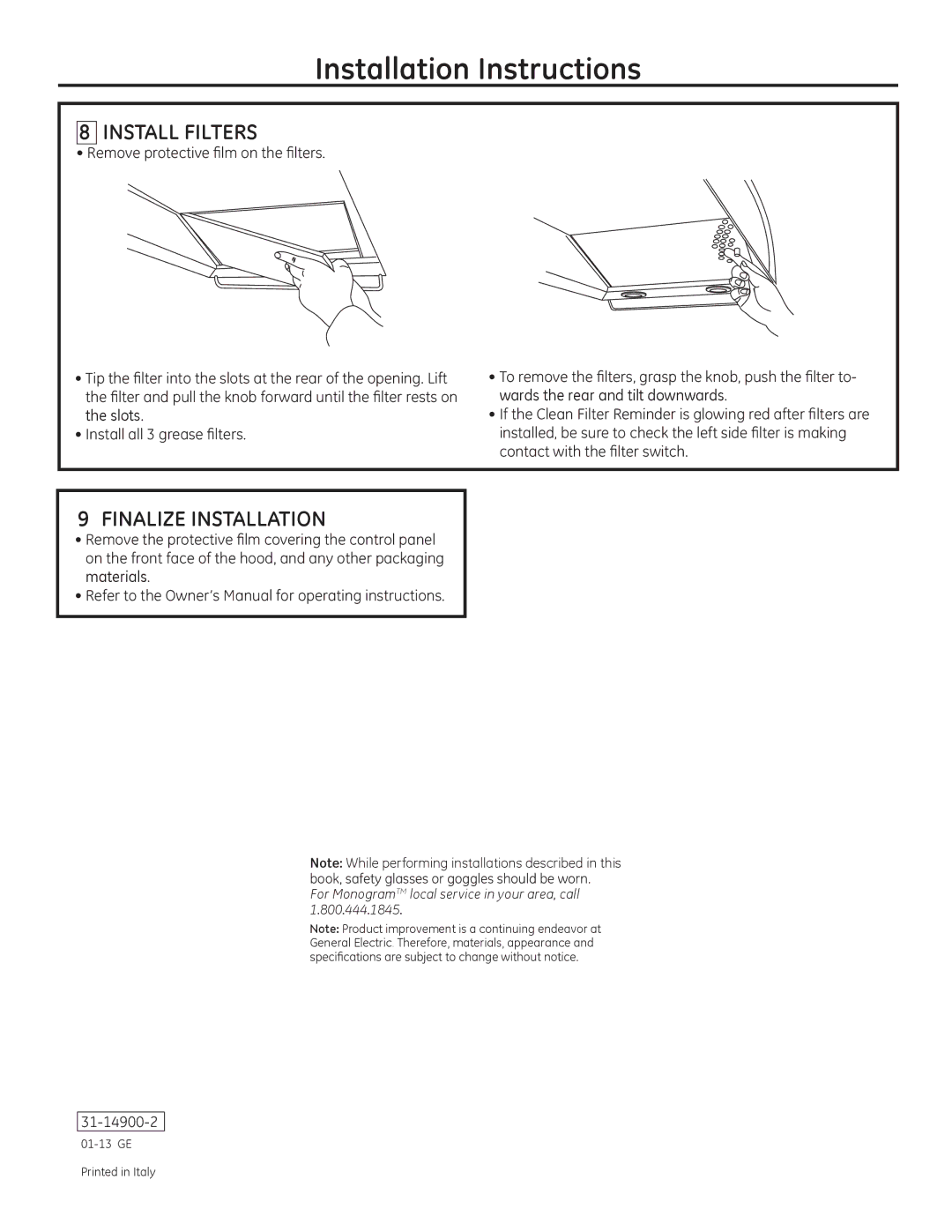 GE Monogram ZV950 installation instructions Install Filters, Finalize Installation 