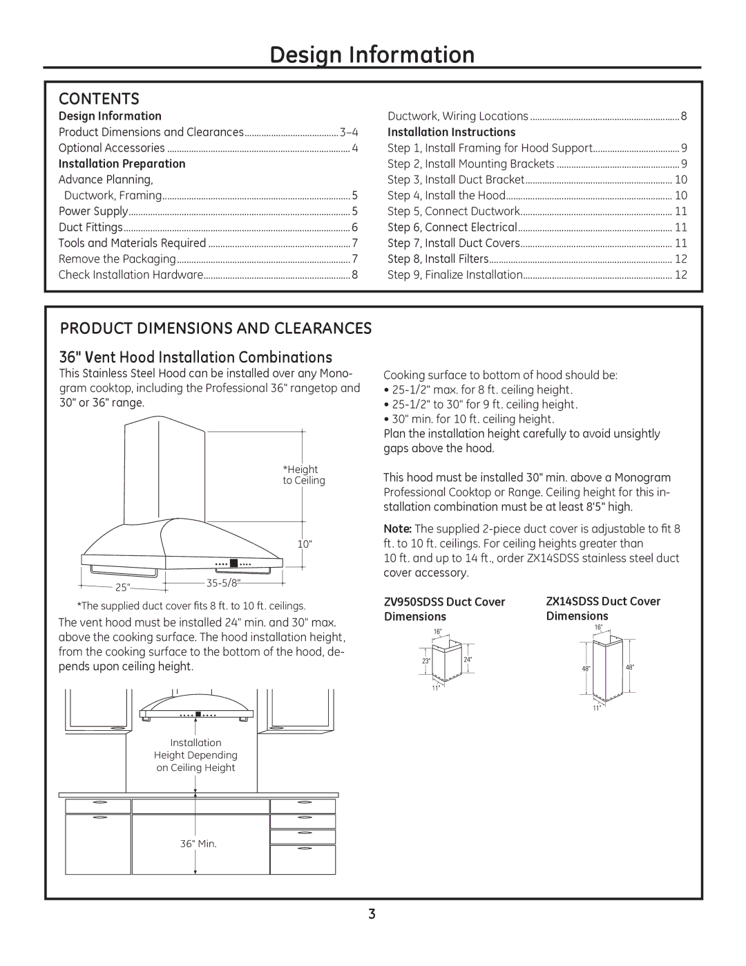 GE Monogram ZV950 installation instructions Design Information, Contents 