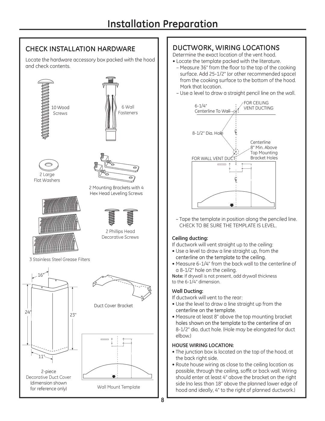 GE Monogram ZV950 Check Installation Hardware, DUCTWORK, Wiring Locations, Ceiling ducting, Wall Ducting 