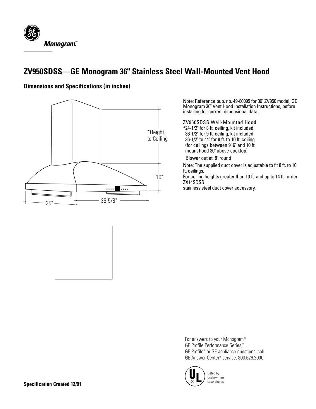 GE Monogram ZV950SDSS dimensions Dimensions and Specifications in inches, 35-5/8, Height to Ceiling 