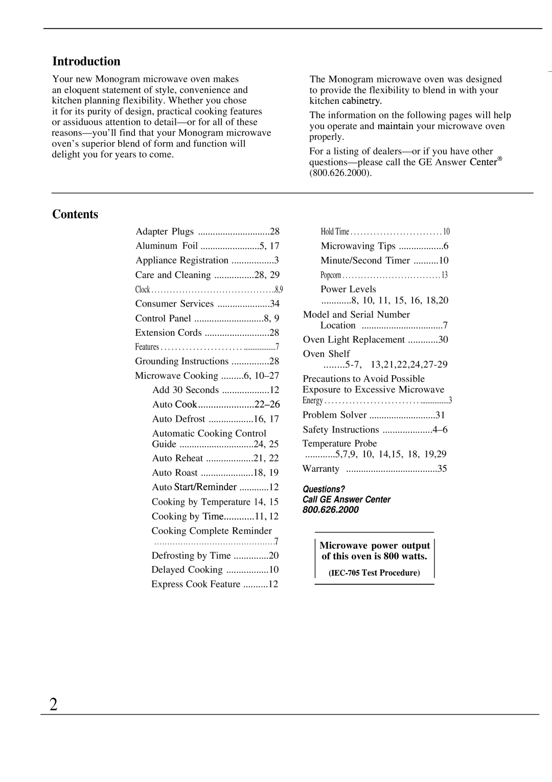 GE Monogram ZW2000 manual Introduction, Contents 