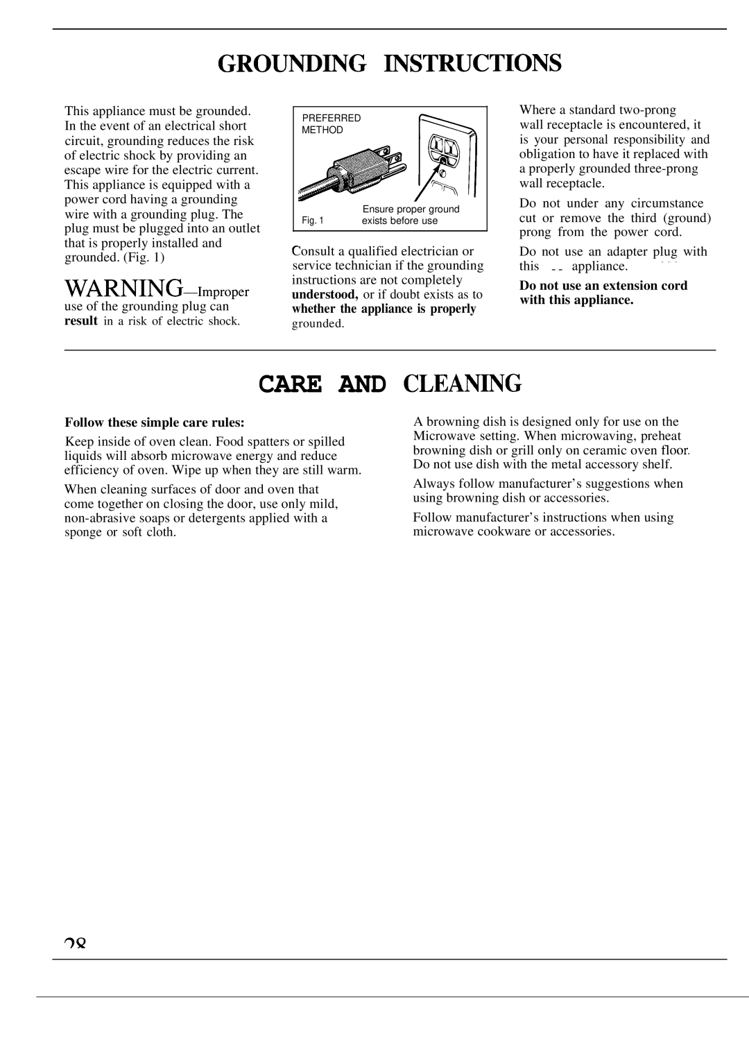 GE Monogram ZW2000 manual GROUND~G mSTRUCTIONS, Care and CLEAN~G, Do not use an extension cord with this appliance 