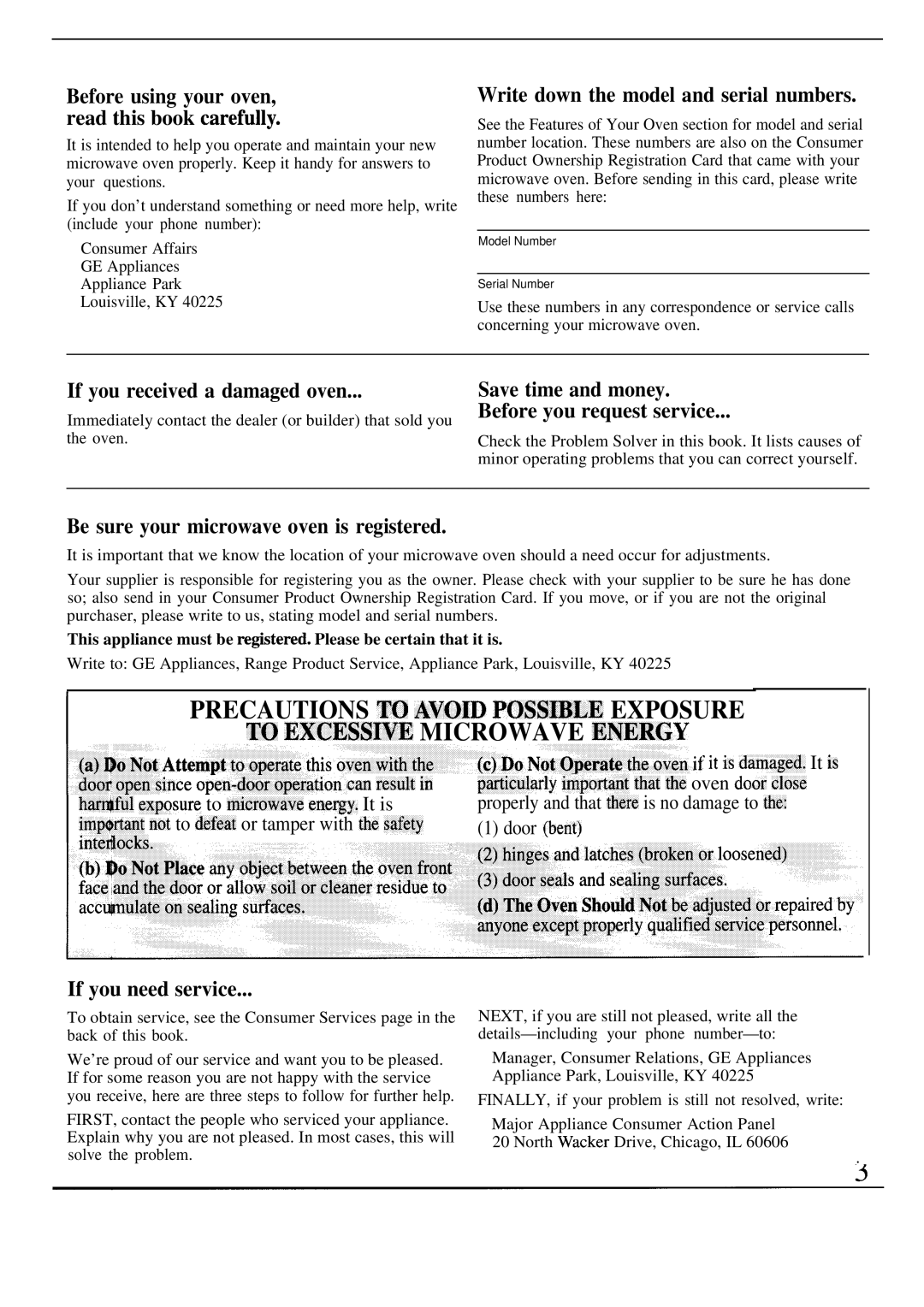 GE Monogram ZW2000 manual Write down the model and serial numbers, If you received a damaged oven, If you need service 