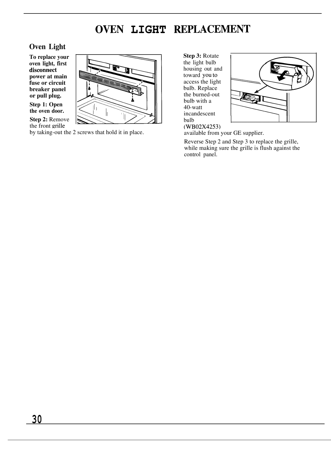 GE Monogram ZW2000 manual ~N Light ~PLACEMENT, Oven Light 