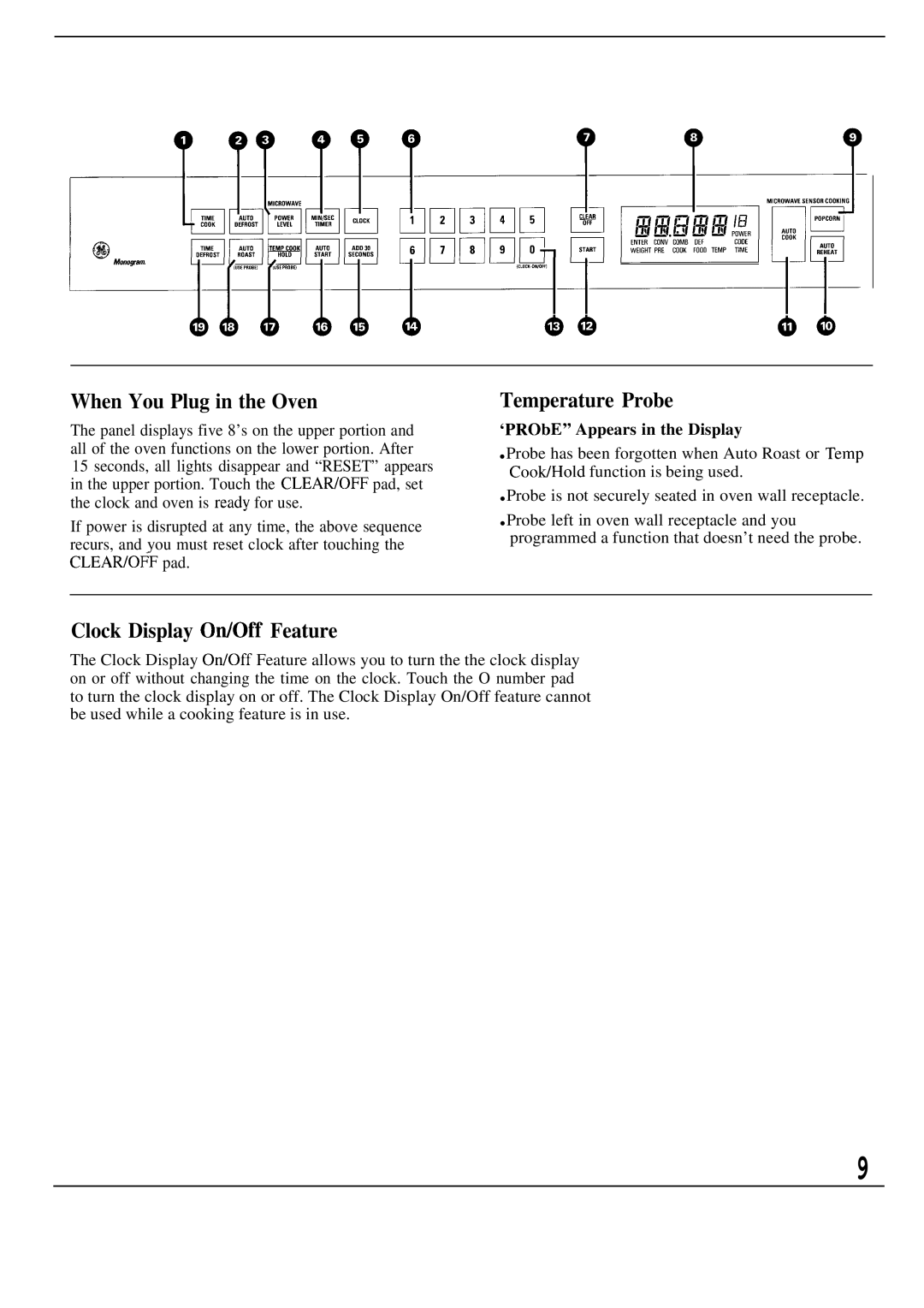 GE Monogram ZW2000 manual When You Plug in the Oven, Temperature Probe, Clock Display OtiOff Feature 