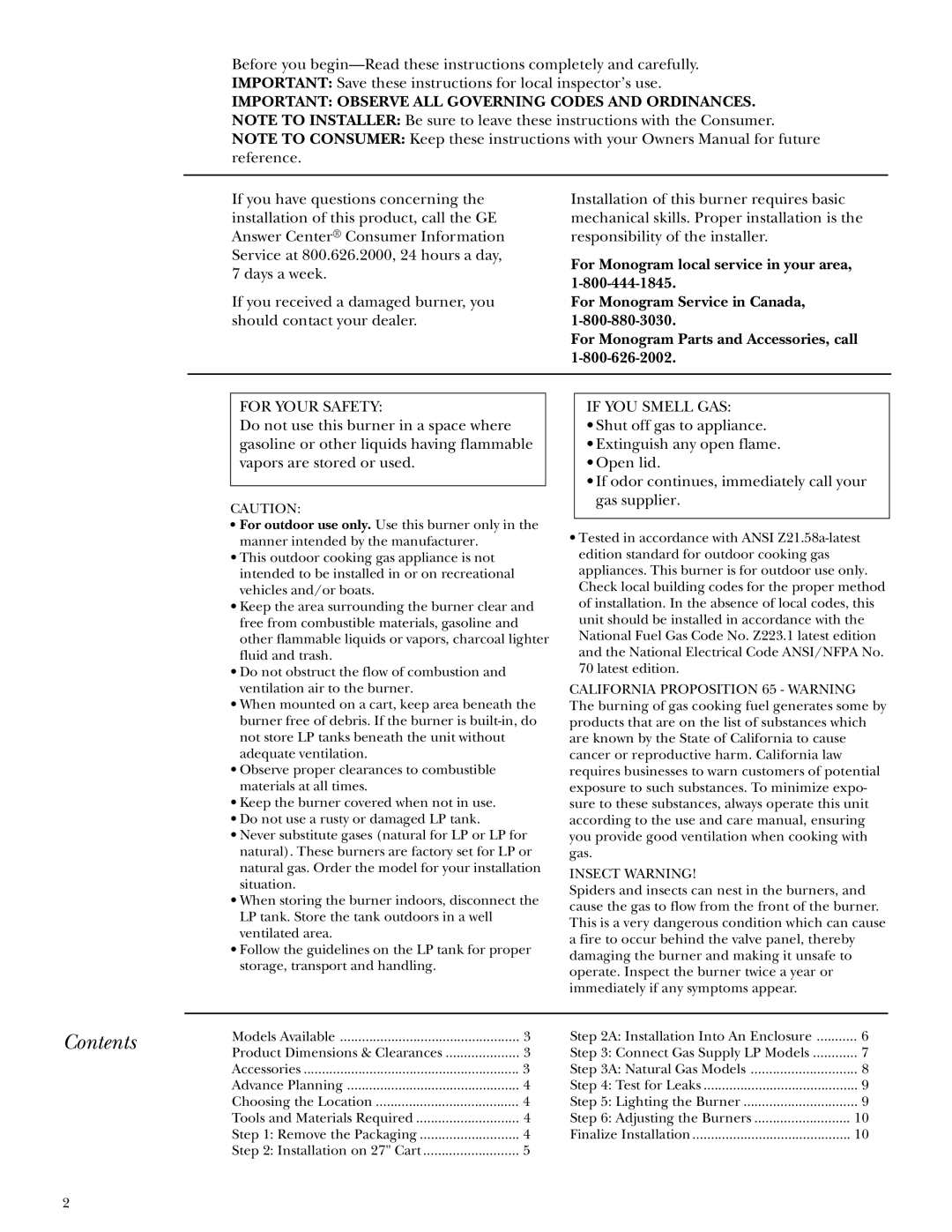 GE Monogram ZX2L SS installation instructions Contents 