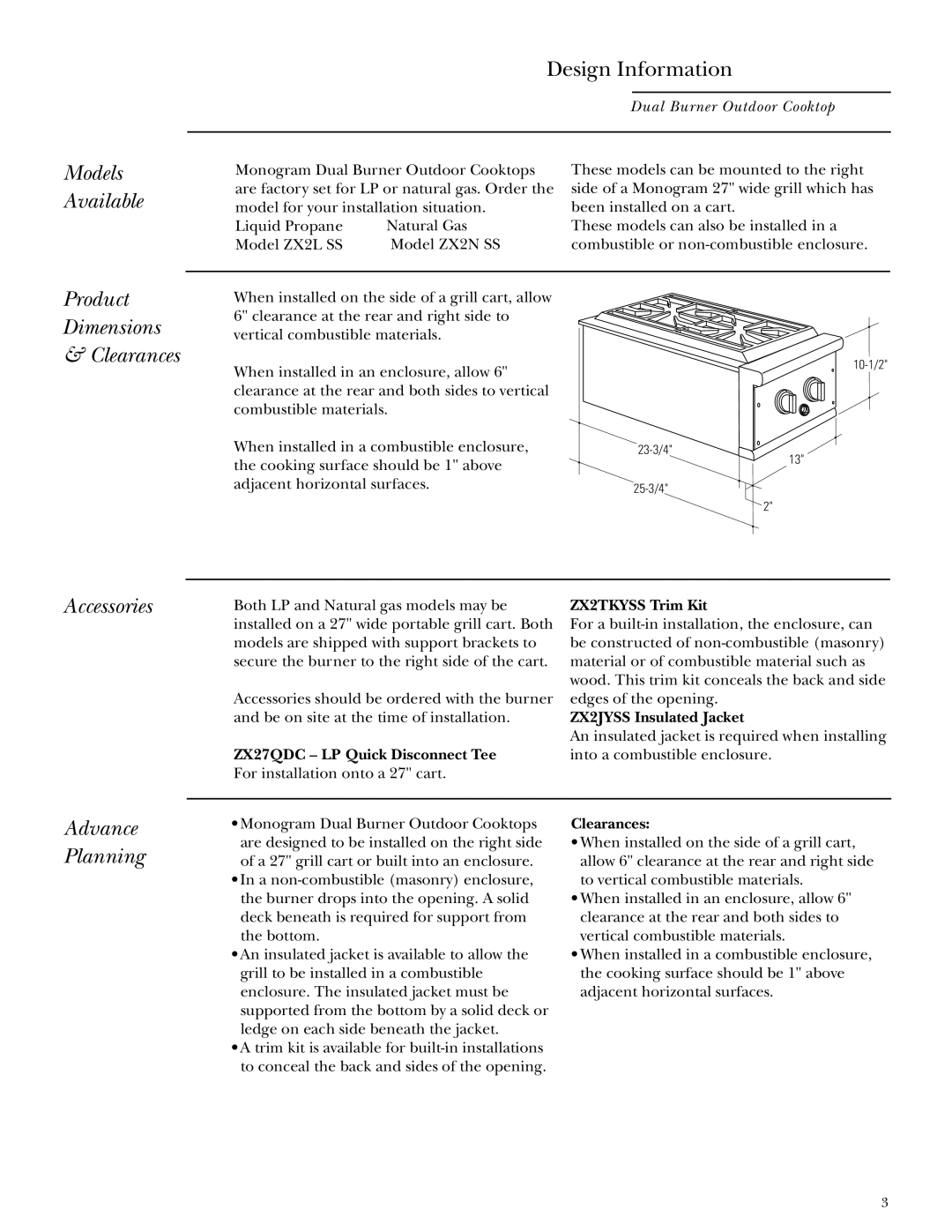 GE Monogram ZX2L SS Models Available, Product Dimensions Clearances, Accessories, Advance Planning 