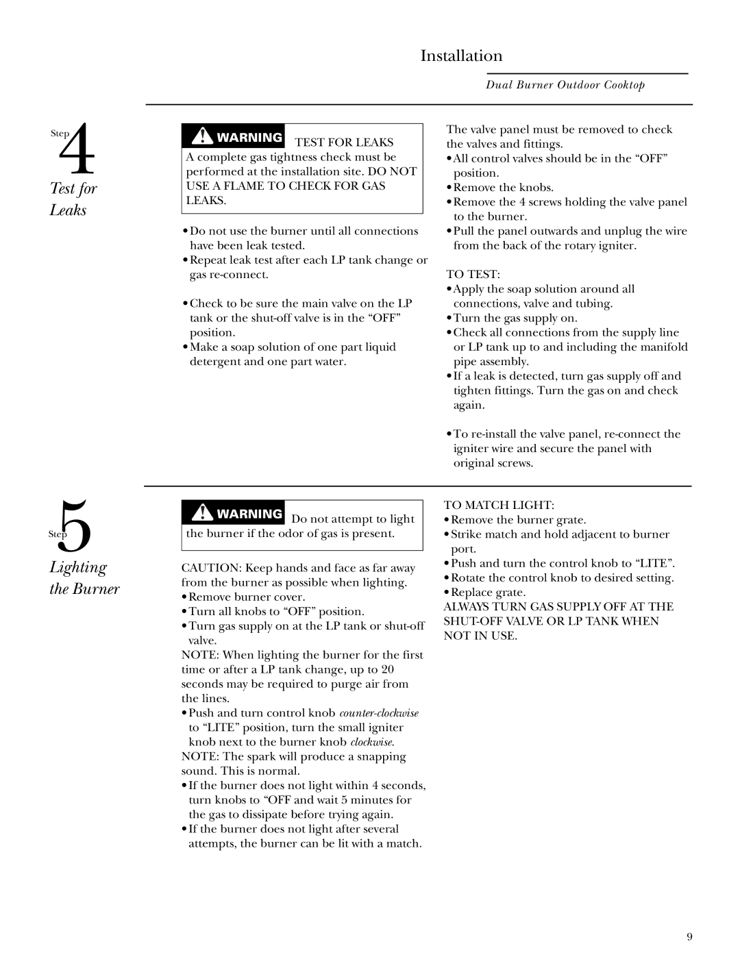 GE Monogram ZX2L SS installation instructions Test for Leaks, Lighting the Burner 