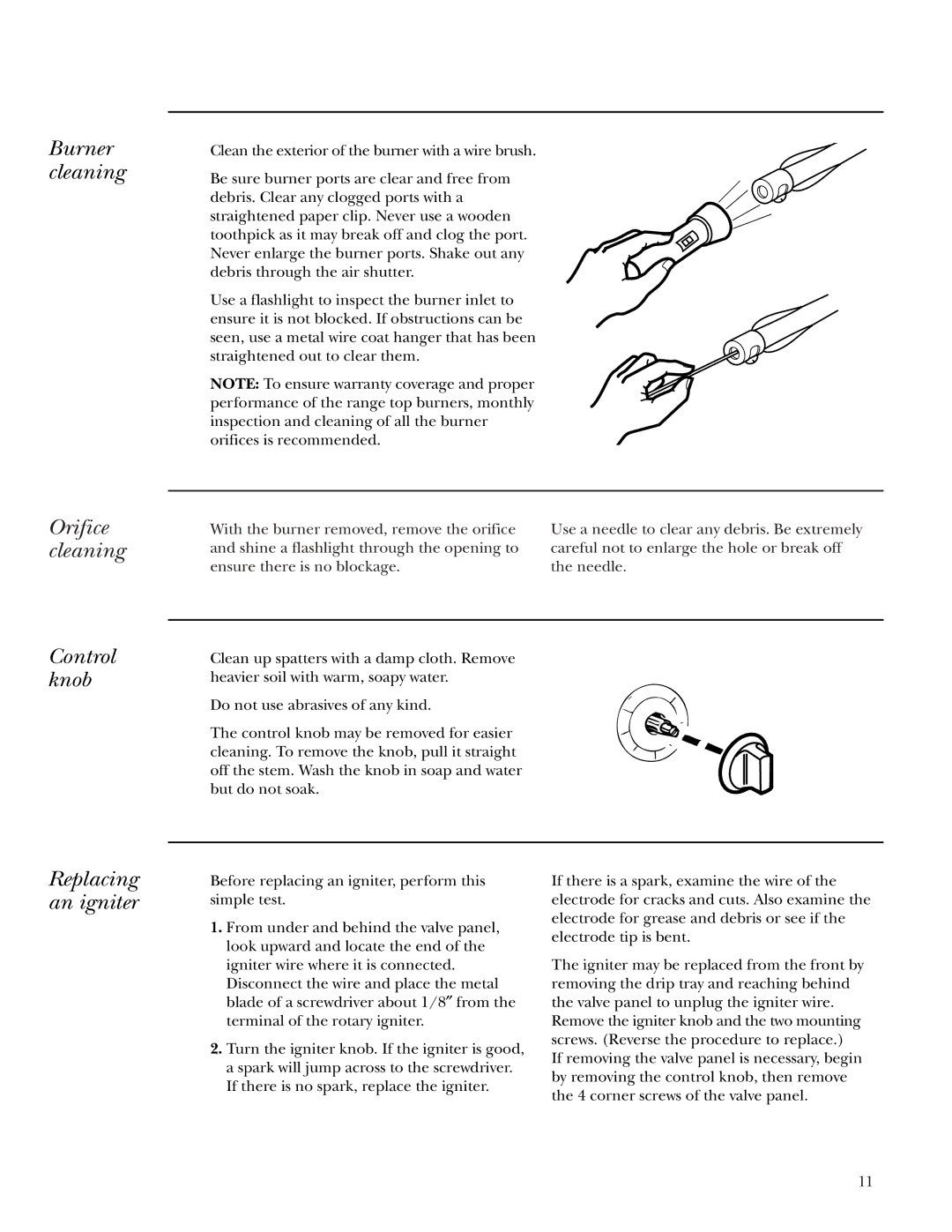 GE Monogram ZX2YSS owner manual Burner cleaning Orifice cleaning Control knob, Replacing an igniter 