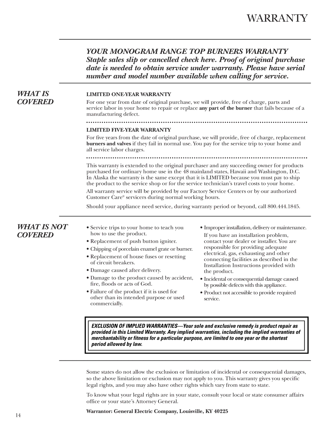 GE Monogram ZX2YSS owner manual Warranty 