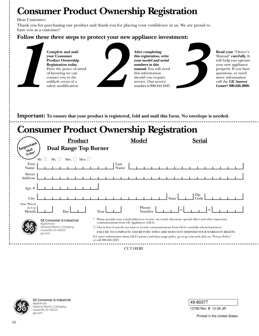 GE Monogram ZX2YSS owner manual Consumer Product Ownership Registration 