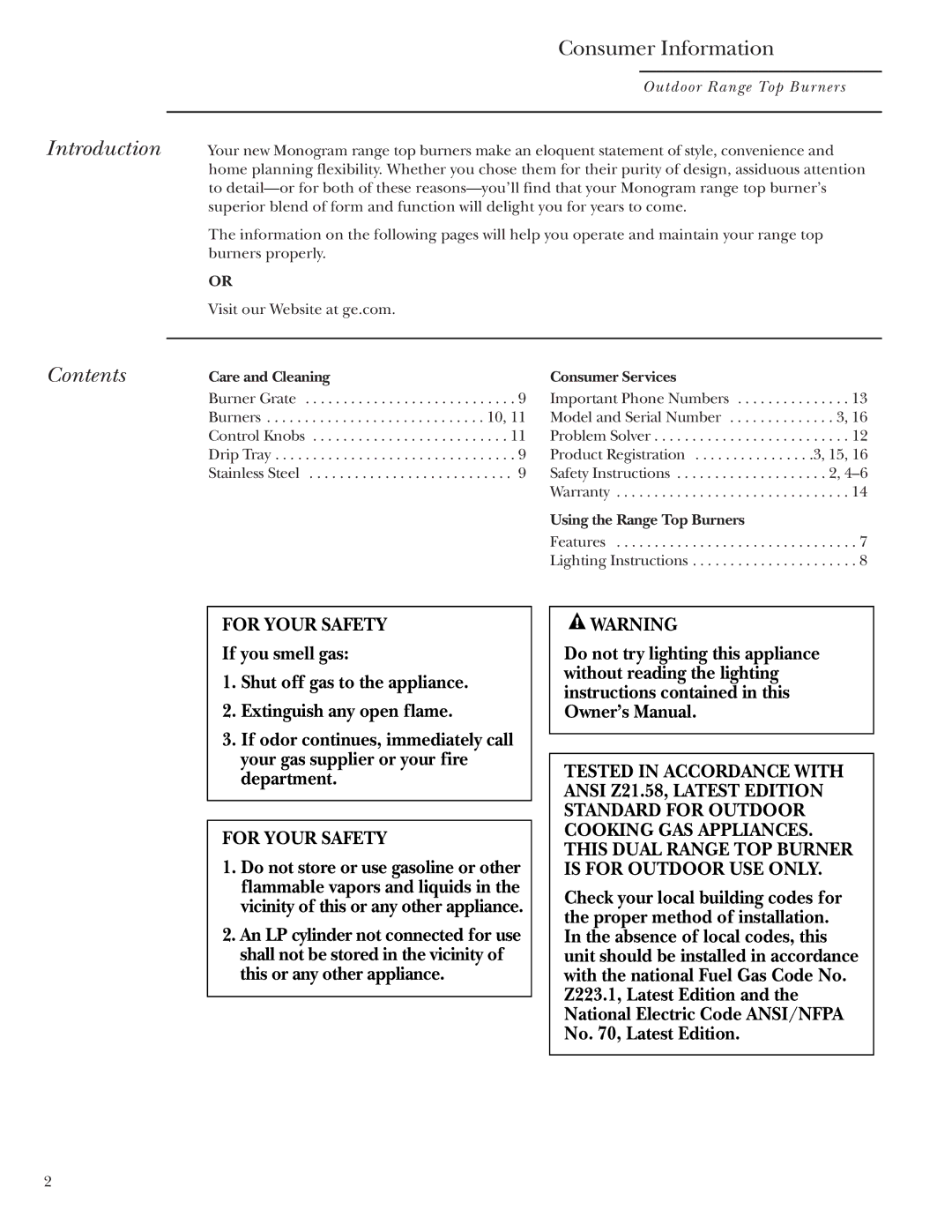 GE Monogram ZX2YSS owner manual Introduction Contents 