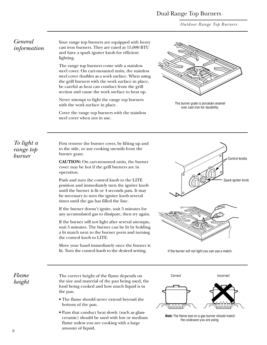 GE Monogram ZX2YSS owner manual General information, To light a range top burner, Flame height 