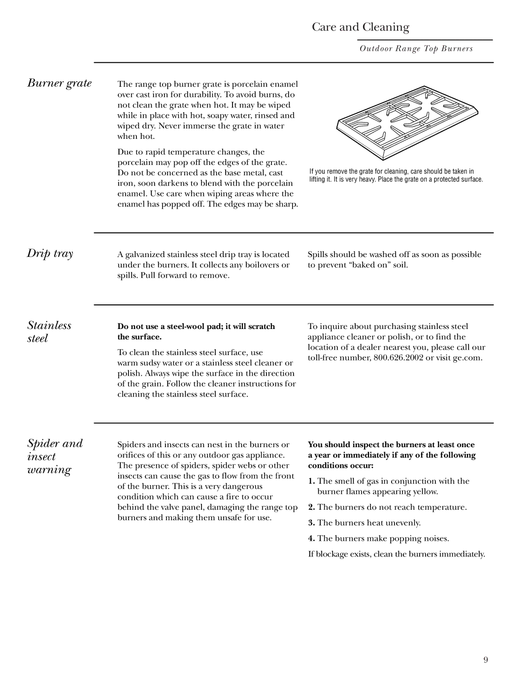 GE Monogram ZX2YSS owner manual Burner grate, Drip tray, Stainless steel, Spider and insect warning 