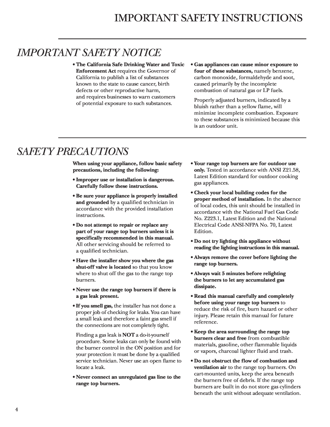 GE Monogram ZX2YSS owner manual Important Safety Instructions, Important Safety Notice, Safety Precautions 
