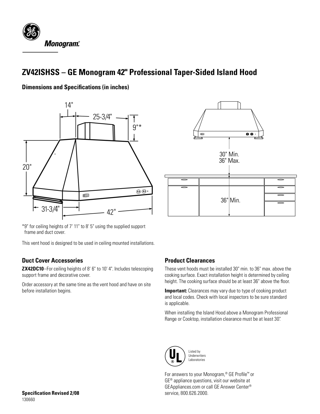 GE Monogram ZX42DC10 dimensions 25-3/4, Dimensions and Specifications in inches, Duct Cover Accessories, 31-3/4 