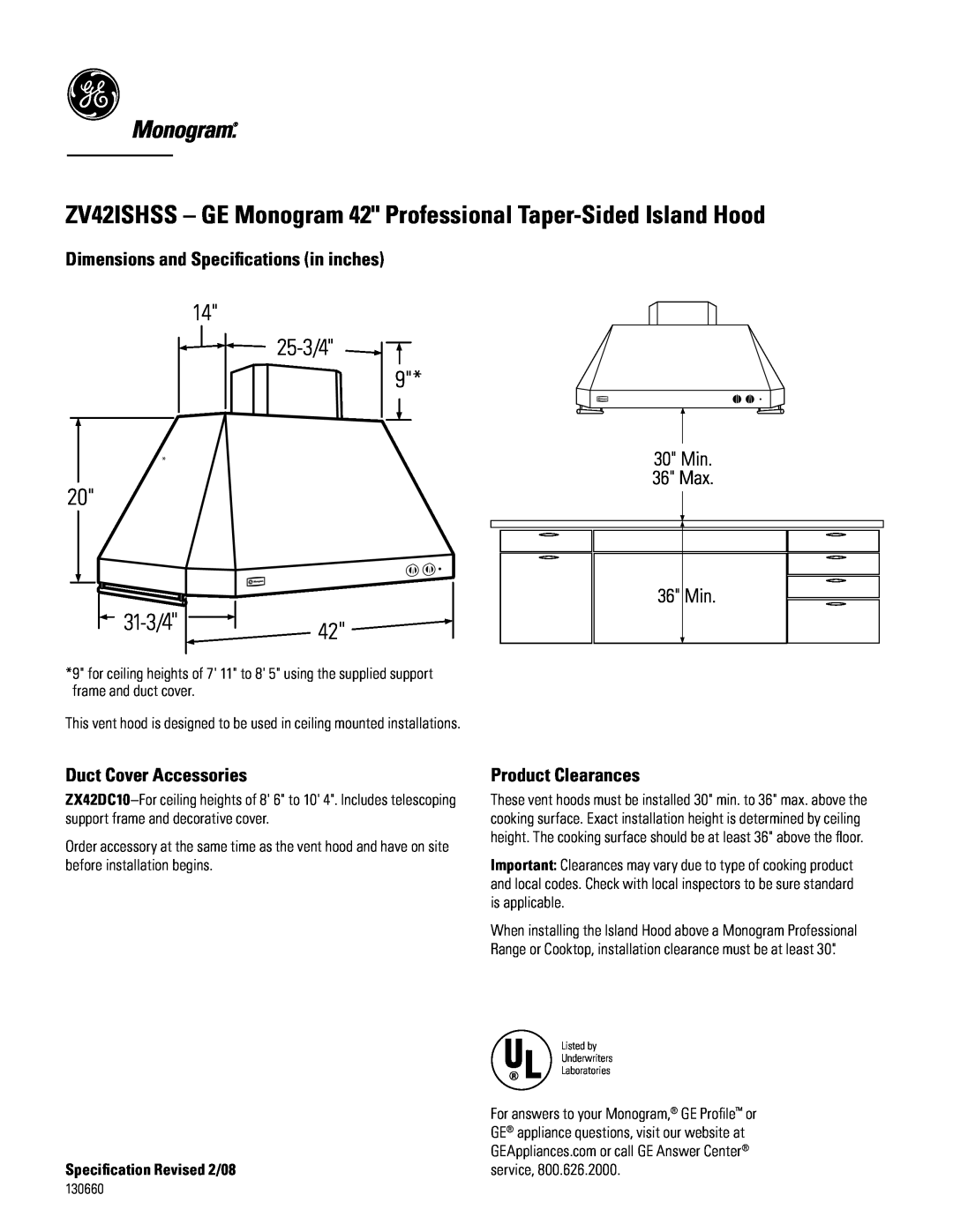 GE Monogram ZX42DC10 dimensions zv42ishss - GE Monogram 42 Professional Taper-Sided Island Hood, 25-3/4, 31-3/4 