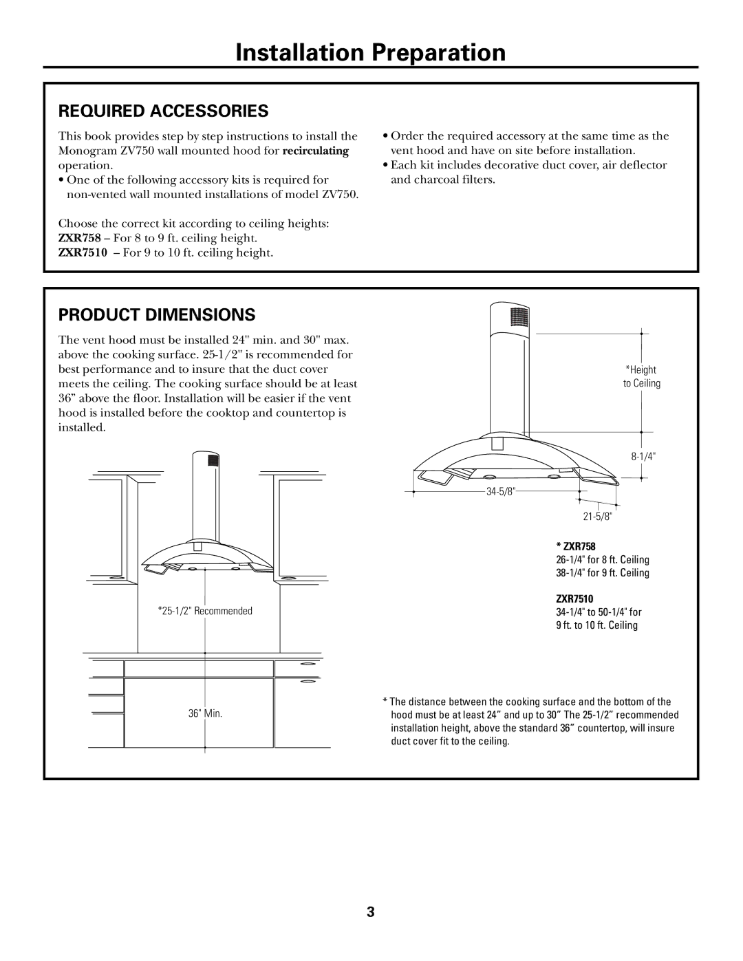 GE Monogram ZXR7510, ZXR758 installation instructions Required Accessories, Product Dimensions 